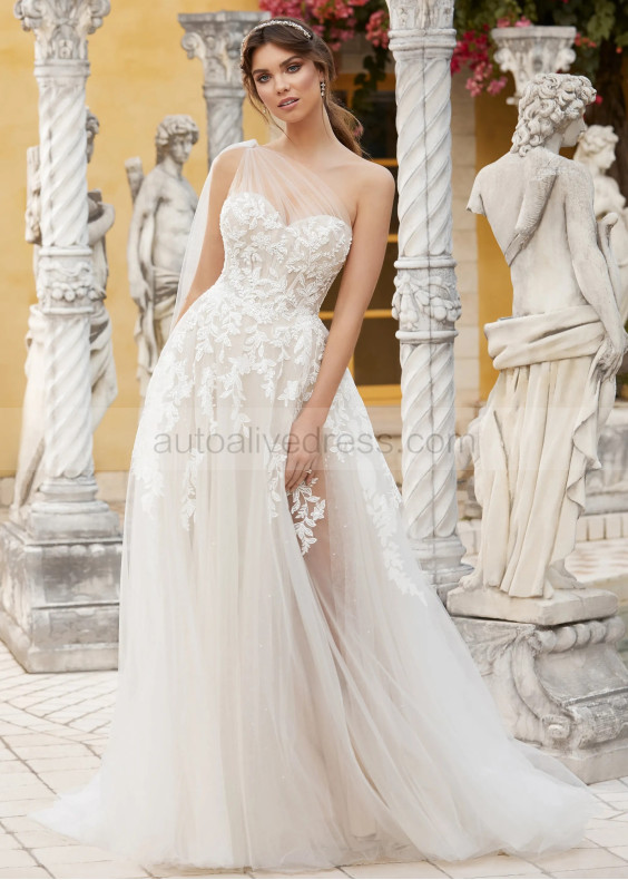 One Shoulder Beaded Ivory Lace Tulle Slit Charming Wedding Dress